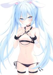 1girl animal_ears bandaged_arm bandages bdsm black_choker black_panties blue_eyes blue_hair blush bondage bondage_cuffs bound breasts chain chest_harness choker closed_mouth collarbone cowboy_shot crossed_bangs cuffs double-parted_bangs gluteal_fold hair_between_eyes handcuffs hands_up harness hashtag-only_commentary heart heart_hands highres long_bangs long_hair looking_at_viewer lowleg lowleg_panties navel no_pants no_shirt original panties petite rabbit_ears side-tie_panties sidelocks simple_background skindentation small_breasts solo standing stomach straight-on thigh_strap thighhighs twintails underwear very_long_hair white_background yunominomi