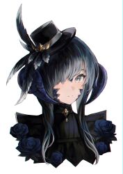 1girl absurdres artist_name au_ra black_hair black_hat black_shirt coconutcatcat cropped_shoulders dragon_girl dragon_horns final_fantasy final_fantasy_xiv gradient_hair grey_eyes grey_hair hair_over_one_eye hat hat_feather highres horns looking_at_viewer multicolored_hair portrait scales shirt solo warrior_of_light_(ff14) white_background