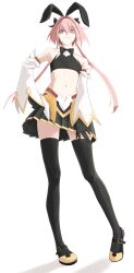1boy absurdres animal_ears armlet astolfo_(fate) astolfo_(saber)_(fate) bell_sleeves black_bow black_bowtie black_gloves black_thighhighs bow bowtie facing_viewer fate/apocrypha fate/grand_order fate_(series) gloves hair_bow hand_on_own_hip hand_on_own_leg hekituki8250 highres jewelry long_hair looking_at_viewer male_focus mary_janes midriff multiple_hair_bows navel pink_eyes pink_hair pleated_skirt rabbit_ears shoe_buckle shoes skirt smile solo solo_focus thighhighs trap twintails white_background
