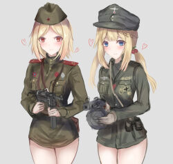 1girl absurdres binoculars blonde_hair blue_eyes cosplay costume_switch cropped_legs drum_magazine girls&#039;_frontline grey_background gun highres holding holding_gun holding_weapon lanyard long_hair magazine_(weapon) martinreaction medium_hair military_uniform mp40 mp40_(girls&#039;_frontline) ppsh-41 ppsh-41_(girls&#039;_frontline) red_eyes soviet_army submachine_gun weapon wehrmacht