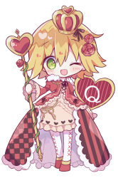 1girl ;d absurdres amitie_(puyopuyo) black_ribbon blonde_hair blush chibi chibi_only commentary_request crown dress flower frilled_dress frills full_body futaba969649 green_eyes hair_between_eyes hair_flower hair_ornament highres holding holding_staff juliet_sleeves long_sleeves looking_at_viewer neck_ribbon one_eye_closed open_mouth pantyhose puffy_sleeves puyopuyo red_crown red_dress red_shoes ribbon shoes short_hair simple_background smile solo staff standing white_background white_pantyhose