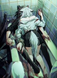 2girls animal_ears ara_200117 arknights bathroom bathtub black_hair black_shorts black_skirt black_thighhighs blood blood_on_clothes blood_on_hands commentary highres holding holding_shower_head indoors kiss lappland_(arknights) long_hair multiple_girls off_shoulder shirt shorts shower_head skirt symbol-only_commentary tail texas_(arknights) thighhighs tile_wall tiles water white_hair white_shirt wolf_ears wolf_girl wolf_tail yuri