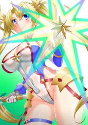 Rule 34 | 1girl, absurdres, armor, bare shoulders, blonde hair, blue eyes, blue gloves, blue leotard, blush, bradamante (fate), bradamante (first ascension) (fate), braid, breasts, cleavage, closed mouth, covered navel, crown braid, elbow gloves, energy barrier, energy shield, fate/grand order, fate (series), faulds, gloves, guriguri (arayotto4351), highleg, highleg leotard, highres, large breasts, leotard, long hair, looking at viewer, multicolored leotard, scepter, smile, solo, thigh strap, thighs, twintails, two-tone gloves, two-tone leotard, very long hair, white gloves, white leotard