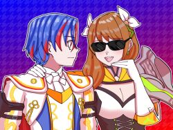 Rule 34 | 1boy, 1girl, black corset, blue hair, breasts, brown hair, cleavage, corset, crossed bangs, fire emblem, fire emblem engage, goldmary (fire emblem), hair ribbon, hooded top, large breasts, long hair, male alear (fire emblem), mnejing30, multicolored hair, nintendo, red hair, ribbon, solo, split-color hair, sunglasses, two-tone hair, white ribbon