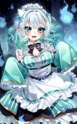 1girl :d apron black_bow black_bowtie blue_eyes bow bowtie breasts center_frills commentary detached_collar detached_sleeves dress english_commentary frilled_dress frilled_sleeves frills gradient_hair green_dress green_hair hair_ornament hairclip highres indie_virtual_youtuber jungle kira_yukishiro long_sleeves looking_at_viewer maid maid_headdress medium_breasts medium_hair mint_fantome mint_fantome_(minto_2.0) multicolored_hair nature open_mouth outdoors pointy_ears short_hair sleeveless sleeveless_dress sleeves_past_fingers sleeves_past_wrists smile solo striped_clothes striped_dress triangular_headpiece two_side_up vertical-striped_clothes vertical-striped_dress virtual_youtuber waist_apron wavy_hair white_apron white_hair wide_sleeves x_hair_ornament