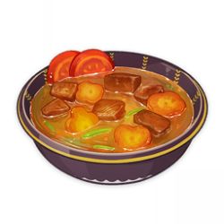artist_request bowl carrot commentary english_commentary food food_focus game_cg genshin_impact lowres meat no_humans official_art simple_background stew still_life third-party_source tomato transparent_background