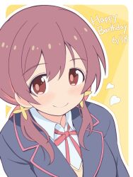 1girl brown_eyes brown_hair commentary dated hair_between_eyes happy_birthday heart highres long_hair looking_at_viewer low_twintails multicolored_hair murosaki_miyo neck_ribbon onii-chan_wa_oshimai! outline red_hair red_ribbon ribbon school_uniform shirt simple_background smile solo streaked_hair twintails two-tone_hair unkimo upper_body white_outline white_shirt wing_collar yellow_background