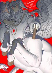 1boy absurdres angel_wings centauroid crrn expressionless feathered_wings from_below glowing glowing_eyes head_wings highres hooves looking_at_viewer original red_background red_eyes snake solo taur wings