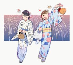 2girls aam09212 arm_up bakuage_sentai_boonboomger black_hair blue_kimono blush brown_hair bundorio_bunderas fireworks full_body glasses highres japanese_clothes kimono multiple_girls saibu_shirabe shifuto_mira simple_background super_sentai white_background white_kimono