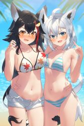 2girls ahoge alternate_costume animal_ear_fluff animal_ear_piercing animal_ears aqua_bikini aqua_eyes arm_around_waist asymmetrical_docking bare_shoulders beach bikini black_hair blurry blurry_background blush braid breast_press breasts brown_eyes cleavage collarbone commentary_request cowboy_shot crossed_bangs double-parted_bangs fang forced_smile fox_ears fox_girl fox_tail hair_ornament hand_on_another&#039;s_waist high_ponytail highres hololive large_breasts leaf_print long_hair looking_at_viewer maple_leaf_print medium_breasts multiple_girls navel official_alternate_costume ookami_mio ookami_mio_(hololive_summer_2019) open_mouth outdoors ponytail red_hair shirai_yu shirakami_fubuki short_shorts shorts side-tie_bikini_bottom side_braid single_braid skin_fang stomach string_bikini striped_bikini striped_clothes sweatdrop swimsuit tail tail_wrap virtual_youtuber water white_bikini white_hair white_shorts wolf_ears wolf_girl wolf_tail