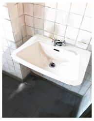 bathroom border commentary faucet highres indoors no_humans object_focus original painterly perspective realistic sara_(srsrmrmr) sink still_life tile_floor tile_wall tiles white_border