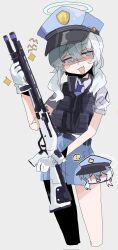 1girl blue_archive blue_skirt breasts chibi chibi_inset cowboy_shot gloves gun halo hat highres holding holding_gun holding_weapon long_hair necktie odmised open_mouth peaked_cap police police_hat police_uniform policewoman pump_action short_sleeves shotgun simple_background skirt small_breasts twintails valkyrie_police_academy_student_(blue_archive) valkyrie_police_academy_student_(sg)_(blue_archive) vest weapon white_background