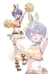 1girl absurdres alternate_costume animal_ear_hairband animal_ears arm_strap armpits asymmetrical_legwear bandaid bandaid_on_leg belle_(zenless_zone_zero) black_choker blush breasts cheerleader choker edible_sus fake_animal_ears full_body green_eyes hairband highres miniskirt navel pleated_skirt pom_pom_(cheerleading) rabbit_ear_hairband rabbit_ears shirt short_hair simple_background skirt sleeveless sleeveless_shirt smile socks standing stomach sweat thighhighs uneven_legwear visor_cap white_background white_skirt white_socks white_thighhighs yellow_shirt zenless_zone_zero zoom_layer