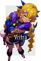 Rule 34 | 1girl, aged down, blonde hair, breasts, character name, chin piercing, crossed arms, dark-skinned female, dark skin, dragon girl, dragon horns, dragon tail, echo (circa), face piercing, facial mark, fate/grand order, fate (series), full body, horns, long hair, looking at viewer, piercing, small breasts, solo, tail, vritra (fate), yellow eyes