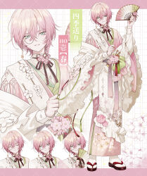 1boy absurdres border bow bowtie brown_bow brown_bowtie closed_eyes commentary_request expression_chart flower folding_fan green_eyes hand_fan highres holding holding_fan japanese_clothes kimono long_sleeves looking_at_viewer male_focus monocle nerimono_(nekokoban22) original pink_flower pink_hair pink_kimono sandals shawl smile tabi translation_request watermark white_background white_shawl wide_sleeves zouri