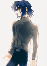 Rule 34 | 1boy, athrun zala, blue hair, cowboy shot, gundam, gundam seed, jacket, long sleeves, looking to the side, male focus, profile, she (morianosu), short hair, simple background, solo, white background