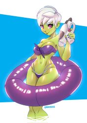 1girl arms_up artist_name bandeau bare_shoulders bikini blue_background breasts cheelai cleavage collarbone colored_skin commentary cropped_legs dragon_ball dragon_ball_super english_commentary female_focus green_skin groin gun highres holding holding_gun holding_weapon inflatable_toy large_breasts legs_together lipstick looking_at_viewer macodace makeup medium_breasts navel purple_bikini purple_eyes purple_nails shiny_skin simple_background solo standing strapless swimsuit thick_thighs thighs tube_top weapon white_hair