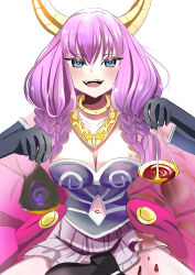 1089oden 1girl :d absurdres aura_(sousou_no_frieren) balance_scale black_gloves blood blue_eyes blush braid breasts bright_pupils cleavage clothing_cutout commentary cowboy_shot demon_girl demon_horns diamond_cutout dual_wielding elbow_gloves eyelashes gloves gold_necklace hair_between_eyes hands_up highres hitodama holding holding_scale horns jewelry large_breasts long_hair looking_at_viewer low-braided_long_hair low-tied_long_hair miniskirt multiple_braids navel navel_cutout necklace open_mouth purple_hair quad_braids ripples simple_background skirt smile solo sousou_no_frieren straight-on teeth upper_teeth_only weighing_scale white_background