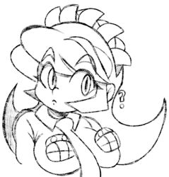 Rule 34 | 1girl, ?, black hair, breasts, confused, female focus, filia (skullgirls), long hair, machinster, monochrome, navel, necktie, samson (skullgirls), school uniform, sharp teeth, shirt, skullgirls, solo, solo focus, spiked hair, stomach, teeth, unusual pupils, white shirt