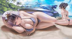 2girls absurdres animal_print ass beach bikini black_hair blue_bikini blue_eyes blue_sky blush breasts cleavage closed_mouth cloud commentary day double_bun eyewear_on_head fang fingernails goddess_of_victory:_nikke hair_bun heart heart-shaped_eyewear highleg highleg_bikini highres jien_(nikke) large_breasts leopard_print looking_at_viewer lying mole mole_under_each_eye mole_under_eye multicolored_hair multiple_girls multiple_moles nail_polish on_side outdoors palm_tree print_bikini proxyl purple_hair purple_nails sand sand_castle sand_sculpture sideways_glance sitting skin_fang sky smile streaked_hair string_bikini sunglasses swimsuit symbol-only_commentary syuen_(nikke) thigh_gap thong_bikini tree two-tone_hair yacht