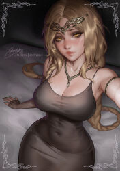 armband artist_name black_dress blonde_hair blush bootybear braid breasts dress elden_ring highres jewelry large_breasts nail_polish necklace necklace_between_breasts queen_marika_the_eternal selfie tiara yellow_eyes