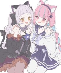 2girls animal_ears black_dress blue_hair blunt_bangs bow bowtie braid cat_ears cat_tail choker claw_pose collar detached_collar detached_sleeves dress flat_chest frilled_collar frilled_dress frilled_sleeves frills grey_hair hair_bow hairband high-waist_skirt highres hololive jitome long_hair long_sleeves looking_at_viewer minato_aqua minato_aqua_(sailor) mugichoco multicolored_hair multiple_girls murasaki_shion murasaki_shion_(gothic_lolita) nail_polish official_alternate_costume official_alternate_hairstyle pantyhose pink_eyes pink_hair pleated_skirt puffy_long_sleeves puffy_sleeves ribbon_choker sailor_collar short_bangs simple_background skirt smile streaked_hair tail tail_bow tail_ornament twin_braids two-tone_hair two_side_up v-shaped_eyebrows very_long_hair virtual_youtuber white_background yellow_eyes