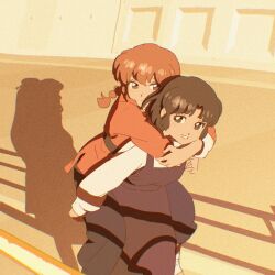 Rule 34 | 1boy, 1girl, 55bata6rou, arms around neck, black hair, blue dress, braid, braided ponytail, carrying, carrying person, chinese clothes, dress, highres, jacket, long hair, long sleeves, looking at another, looking back, outdoors, piggyback, ranma 1/2, red jacket, road, saotome ranma, shadow, shirt, short hair, smile, standing, tangzhuang, tendou akane, white shirt