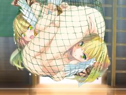 2girls angel_wings angry anus arms_behind_back bdsm blonde_hair bondage bound bound_wrists clenched_teeth female_focus game_cg green_eyes grin long_hair looking_at_viewer multiple_girls net nude open_mouth orion_(orionproject) pussy rance_(series) rance_quest rance_quest_magnum rope sandals smile suspension teeth trapped uncensored wings yuri