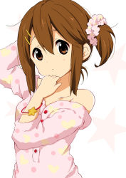 1girl alternate_hairstyle arm_behind_head bracelet female_focus hair_between_eyes hair_ornament hair_scrunchie hairclip hand_up hirasawa_yui jewelry k-on! looking_at_viewer official_style ragho_no_erika scrunchie shirt_slip side_ponytail sleepwear solo star_(symbol) star_symbol_background upper_body white_background