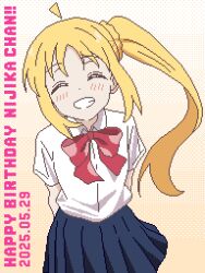 1girl :d ^_^ ahoge arms_behind_back black_skirt blonde_hair blush bocchi_the_rock! bow bowtie character_name closed_eyes collared_shirt commentary cowboy_shot dated dithering dot_nose grin happy happy_birthday highres ijichi_nijika long_hair open_mouth pixel_art pleated_skirt red_bow red_bowtie shirt side_ponytail skirt smile solo standing white_shirt yellow_background yuru_kaze