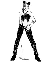 1girl braid brooch cone_hair_bun contrapposto double_bun female_focus full_body greyscale hage_tashuumi hair_bun halterneck jewelry jojo_no_kimyou_na_bouken kuujou_jolyne low-cut monochrome multicolored_hair navel single_braid solo standing tattoo two-tone_hair