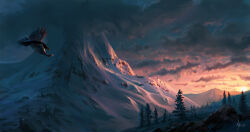 bird cloud cloudy_sky commentary english_commentary flying gradient_sky highres landscape michal_kus mountain mountainous_horizon no_humans outdoors pine_tree rock scenery signature sky sun sunset the_elder_scrolls the_elder_scrolls_v:_skyrim tree