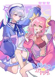 Rule 34 | 2girls, absurdres, ahoge, anger vein, bandaid, bandaid on leg, black shorts, blue bow, blue hair, blue jacket, blush, bow, breasts, controller, crop top, demon girl, demon wings, dress, duel monster, feet out of frame, game controller, green eyes, hair between eyes, hair ornament, heart, highres, holding, holding controller, jacket, ki-sikil (yu-gi-oh!), lil-la (yu-gi-oh!), live twin ki-sikil, live twin lil-la, long hair, long sleeves, medium breasts, multiple girls, navel, open clothes, open jacket, open mouth, pink hair, pink jacket, pink nails, purple eyes, short hair, short shorts, shorts, sleeves past wrists, smile, spiked hair ornament, stomach, stuffed animal, stuffed shark, stuffed toy, twintails, user tukt4745, very long hair, white dress, wings, yu-gi-oh!
