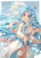 1girl bai_xiuxiu_(douluo_dalu) blue_eyes blue_hair blue_sky cloud cloudy_sky dong_qianqiu_shenhai_shuizuguan douluo_dalu dress hand_in_own_hair highres knot long_hair sash sky smile solo white_dress