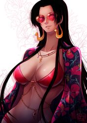 Rule 34 | 1girl, absurdres, bikini, black hair, boa hancock, breasts, cleavage, earrings, highres, jewelry, large breasts, long hair, navel, one piece, shuravf, snake earrings, solo, sunglasses, swimsuit, tagme