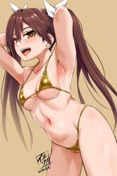1girl absurdres arms_behind_back artist_logo bikini breasts brown_background brown_eyes brown_hair cowboy_shot dated gold_bikini highres kantai_collection logo long_hair medium_breasts navel o-ring o-ring_bikini o-ring_top solo swimsuit tone_(kancolle) yellow_quokka
