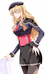 1girl ao_no_kiseki artist_name beret blonde_hair breasts closed_mouth eiyuu_densetsu green_eyes hair_between_eyes hand_on_own_hip hat jacket large_breasts long_hair long_sleeves mireille_(eiyuu_densetsu) necktie pencil_skirt sidelocks simple_background skirt solo thighhighs wavy_hair white_background xiacheng_tatsuya zero_no_kiseki