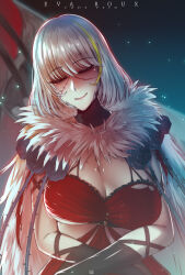 1girl black_flower black_gloves black_rose blonde_streaks breasts character_name cleavage closed_eyes code_vein commentary cross_scar dress english_commentary eva_roux flower gloves highres large_breasts multicolored_hair red_dress rose scar scar_on_arm scar_on_face short_hair sleeping solo streaked_hair swordwaltz swordwaltzworks torn_clothes torn_dress upper_body white_hair