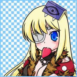 1girl blonde_hair blue_background blue_eyes blush book book_on_head breasts checkered_background cleavage closed_mouth coat commentary_request eyepatch fur-trimmed_coat fur_trim heart large_breasts long_hair looking_at_viewer object_on_head ragnarok_online rideword_(ragnarok_online) shadow_chaser_(ragnarok_online) solo textless_version upper_body white_background yazawa_kazuki
