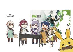 &gt;_o ... 2boys 3girls :t ahoge alhaitham_(genshin_impact) apron artist_name backpack_basket blue_hair brown_hair closed_eyes closed_mouth commentary cone_hair_bun double_bun drooling eating food food_in_mouth game_screenshot_inset genshin_impact grill guoba_(genshin_impact) hair_between_eyes hair_bun hair_ornament hand_fan holding holding_fan holding_food kaedehara_kazuha keqing_(genshin_impact) long_hair looking_at_food mole mole_under_each_eye mole_under_eye mouth_drool mouth_hold multicolored_hair multiple_boys multiple_girls multiple_moles one_eye_closed open_mouth purple_eyes purple_hair shikanoin_heizou short_hair skewer speech_bubble spoken_ellipsis standing streaked_hair symbol-only_commentary twintails white_background white_hair xiangling_(genshin_impact) xinzoruo yaoyao_(genshin_impact) yuegui_(genshin_impact)