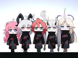5girls ahoge akatsuki_uniform black_coat black_horns black_tail blonde_hair blue_eyes chibi chibi_only ciaccona_(wuthering_waves) closed_mouth coat commentary cryne curled_horns demon_tail eastern_dragon_horns encore_(wuthering_waves) english_commentary expressionless fleurdelys_(wuthering_waves) green_eyes grey_hair hair_between_eyes highres horns jinhsi_(wuthering_waves) long_hair looking_at_viewer low_twintails multiple_girls naruto_(series) naruto_shippuuden open_mouth pink_hair pointy_ears red_eyes smile tacet_mark_(wuthering_waves) tail tree_horns twintails white_eyes wuthering_waves zani_(wuthering_waves)