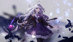 absurdres clover7 grey_hair highres holding holding_staff long_hair mabinogi pantyhose rowan_(mabinogi) staff yellow_eyes