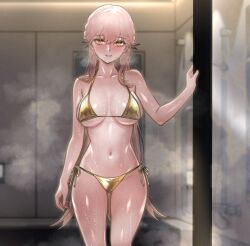 1girl alternate_costume art_undertaker bikini blonde_hair blush breasts breasts_apart collarbone commentary cowboy_shot english_commentary girls&#039;_frontline girls&#039;_frontline_2:_exilium gluteal_fold gold_bikini golden_week golden_week_bikini groza_(girls&#039;_frontline_2) highres indoors large_breasts long_hair looking_at_viewer navel orange_eyes ots-14_(girls&#039;_frontline) parted_lips shower_(place) side-tie_bikini_bottom smile solo steam stomach string_bikini swimsuit