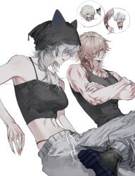 Rule 34 | 2boys, 2girls, absurdres, aglaea (honkai: star rail), alternate costume, animal ear headwear, antenna hair, arm tattoo, beanie, black shirt, black shoes, black tank top, blonde hair, braid, breasts, casual, chest tattoo, chibi, cipher (honkai: star rail), closed eyes, crop top, facial tattoo, fake animal ears, gradient hair, grey hair, hair between eyes, hat, highres, honkai: star rail, honkai (series), medium breasts, medium hair, midriff, multicolored hair, multiple boys, multiple girls, mydei (honkai: star rail), navel, pants, phainon (honkai: star rail), purple pants, red hair, red tattoo, shirt, shoes, short hair, side braid, simple background, sleeveless, sleeveless shirt, spoken character, sunset 1830, sweatpants, tank top, tattoo, white background, white hair, yellow shirt