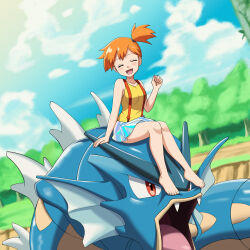 1girl :d absurdres adapted_costume arm_support blue_skirt blush breasts clenched_hand closed_eyes conejologia creatures_(company) day facing_viewer game_freak gen_1_pokemon grass gyarados hand_up happy highres knees misty_(pokemon) nintendo one_side_up open_mouth orange_hair outdoors pokemon pokemon_(anime) pokemon_(classic_anime) pokemon_(creature) riding riding_pokemon shirt short_hair sitting skirt sky sleeveless sleeveless_shirt smile toes tree yellow_shirt