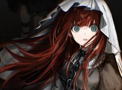 Rule 34 | 1girl, absurdres, aqua eyes, black dress, blunt ends, chain, chain necklace, collar, dress, gawako, highres, hood, hood up, jewelry, juliet sleeves, long hair, long sleeves, looking at viewer, necklace, open mouth, original, puffy sleeves, red hair, solo, symbol-shaped pupils, teeth, upper teeth only, white collar, wide-eyed