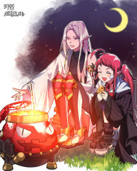 2girls black_jacket black_shirt boots dungeon_and_fighter fang fang_out female_mage_(dungeon_and_fighter) fire grass jacket kasy long_hair multiple_girls night night_sky open_mouth outstretched_hand pot red_hair shirt side_ponytail sky steam thief_(dungeon_and_fighter) white_jacket witch_(dungeon_and_fighter)