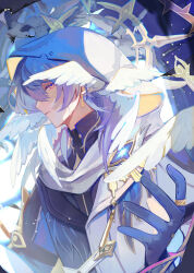 1boy absurdres bird black_shirt blue_background blue_gloves blue_jacket crying crying_with_eyes_open gloves halo head_wings high_collar highres honkai:_star_rail honkai_(series) jacket jewelry looking_at_viewer male_focus multicolored_jacket piercing purple_eyes ring shirotolee shirt simple_background solo sunday_(honkai:_star_rail) tears two-tone_jacket upper_body veil white_jacket wing_piercing wings yellow_eyes