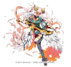 Rule 34 | 1girl, battle damage, blue dress, blush, breasts, chyko, cleavage, cleavage cutout, clothing cutout, damaged, dark-skinned female, dark skin, dress, feather trim, fire emblem, fire emblem heroes, gloves, gradient hair, hair ornament, holding, holding sword, holding weapon, laevatein (fire emblem), laevatein (resplendent) (fire emblem), long hair, long sleeves, looking at viewer, medium breasts, multicolored hair, nintendo, official alternate costume, official art, open mouth, orange hair, pantyhose, pink hair, red eyes, shorts, simple background, solo, sword, teeth, torn clothes, tunic, twintails, weapon, white background, white gloves, white shorts