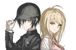 1boy 1girl ahoge akamatsu_kaede backpack bag black_hair black_jacket blonde_hair danganronpa_(series) danganronpa_v3:_killing_harmony fortissimo fu_ga_(vivi912912) hair_between_eyes hair_ornament hand_on_headwear hat highres jacket long_sleeves looking_at_another looking_at_viewer lower_eyelashes_only musical_note musical_note_hair_ornament necktie pink_eyes pink_sweater_vest saihara_shuichi shirt simple_background sketch sweater_vest upper_body white_background